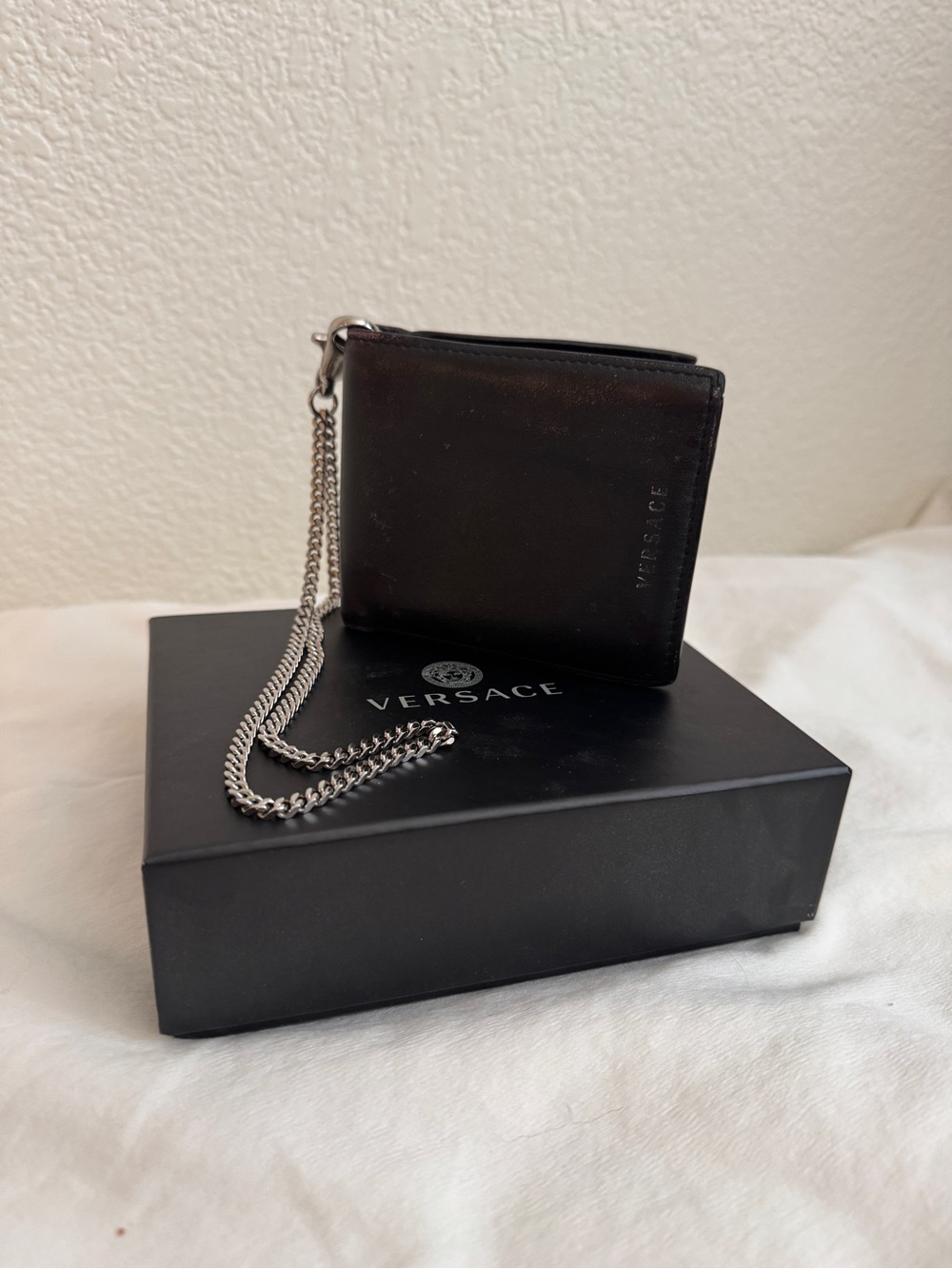 Versace Black Leather Wallet with Silver Chain